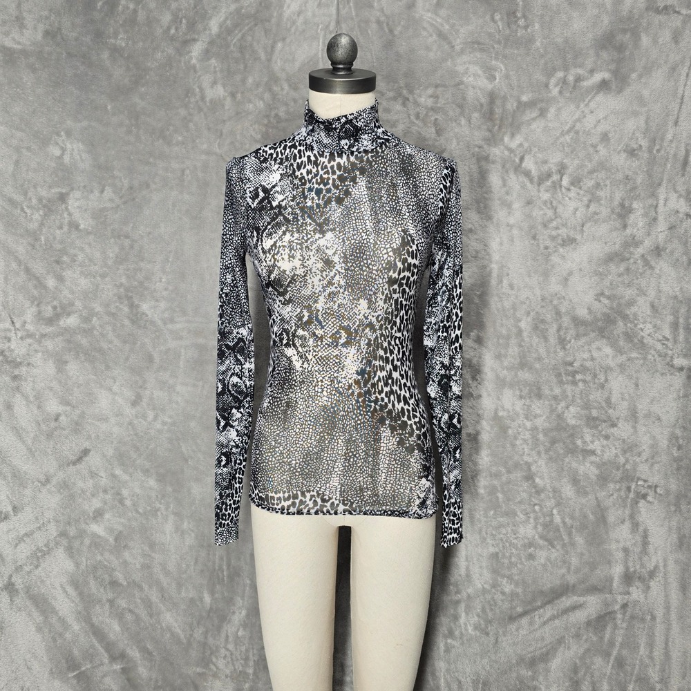AFRM Women XS Mock Neck Mesh Long Sleeve Top Animal Print Snakeskin Layer Grunge